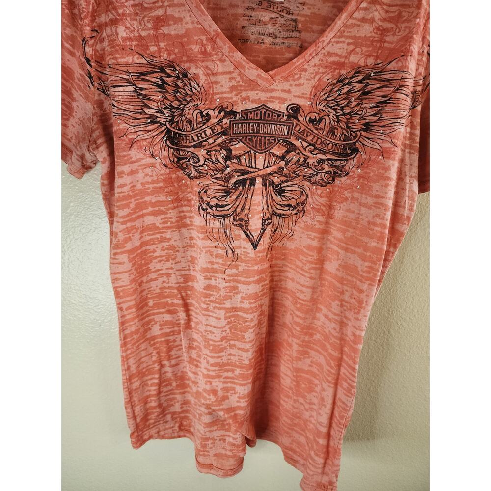 HARLEY-DAVIDSON Orange Semi Sheer Mother Road Kingman AZ Women Graphic VNeck XL - Picture 4 of 8